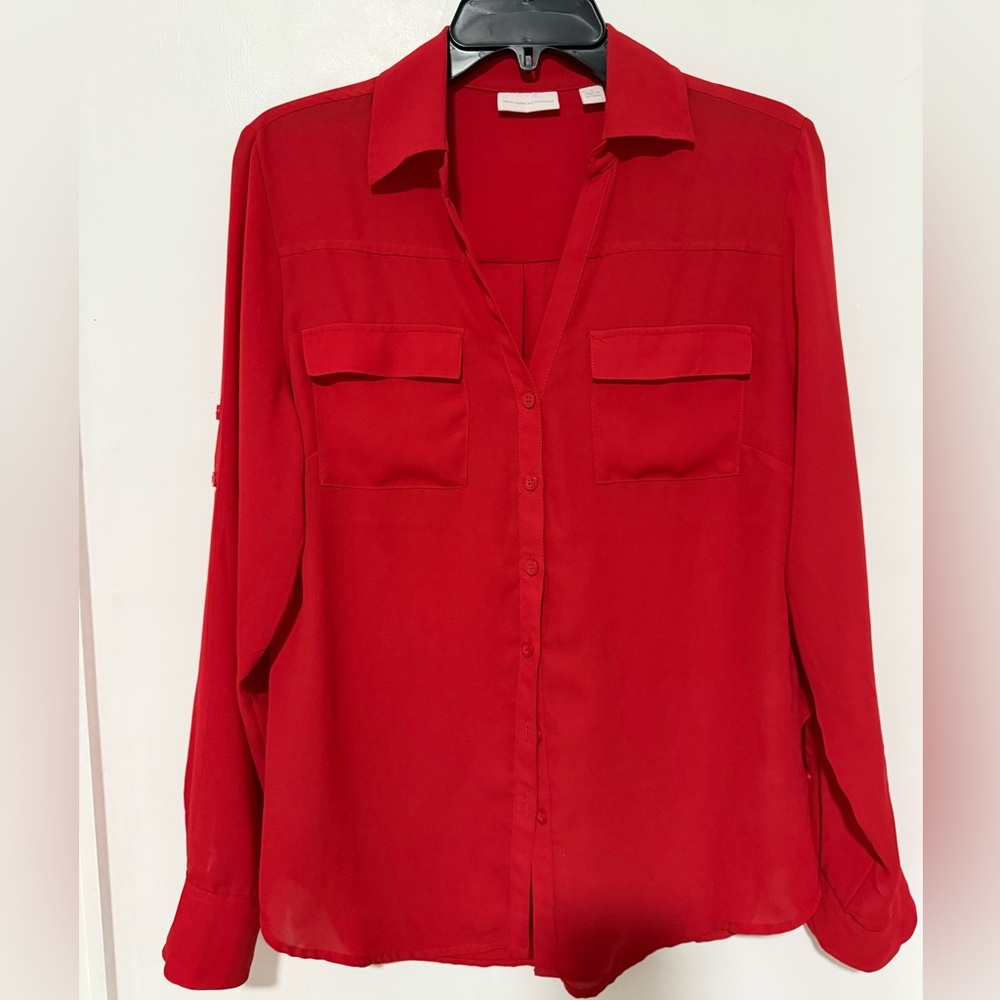 New York & Company Red Long Sleeve Notched Collar Blouse